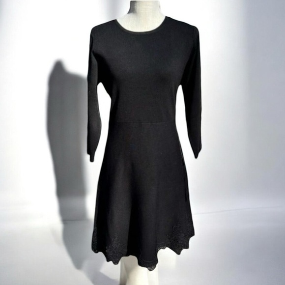 NEW w/tag Nanette Lepore Black Knit Embroidered Lace Trim Dress Size Large - Picture 2 of 10
